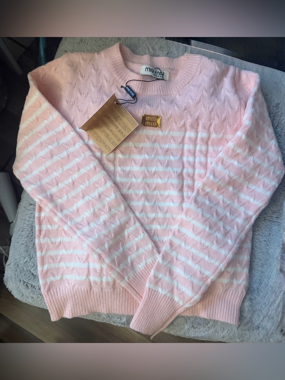 Miu Miu Pink and White Striped Cable Knit Crewneck Sweater - Picture 1 of 4